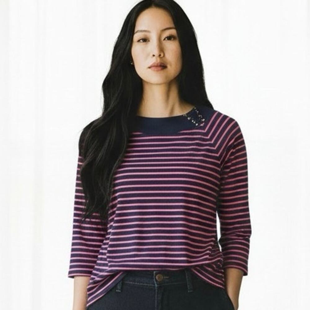 Lauren Ralph Lauren Sweater Preppy Striped laced neck Sz 1X Blue Pink
